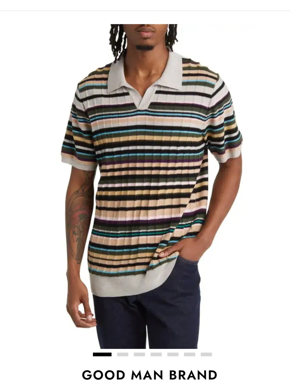 Good Man Brand Men’s Size Large Merino Wool Knit Polo - Oatmeal Multi-Stripe